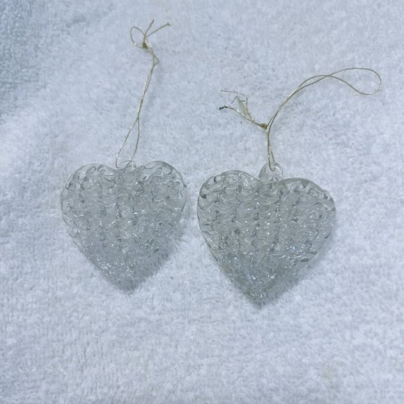HandBlown Clear Glass 2”x2” Hearts Lot of 2 Christmas Ornaments Glittery Sparkle - Picture 1 of 3